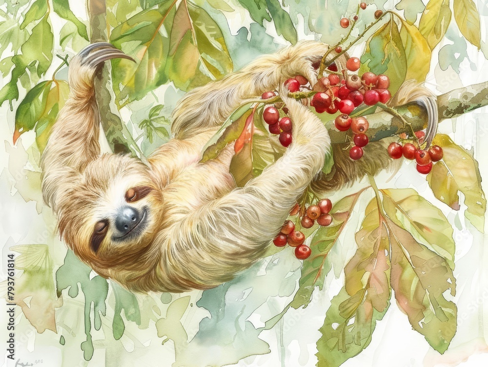 Fototapeta premium A sleepy sloth, hanging upside down from a branch painted in soft greens and browns, cradled a bunch of vibrant red berries in its slowmoving paws, a comical watercolor picture of contentment