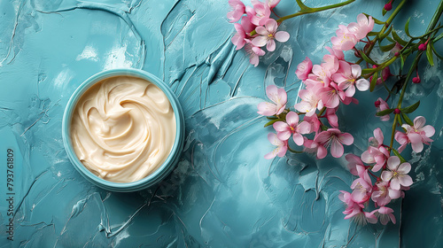 Jar of cosmetic cream on a blue background with pink flowers. Top view