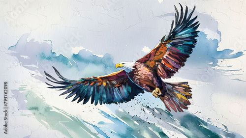 A mesmerizing watercolor illustration of a majestic flying eagle