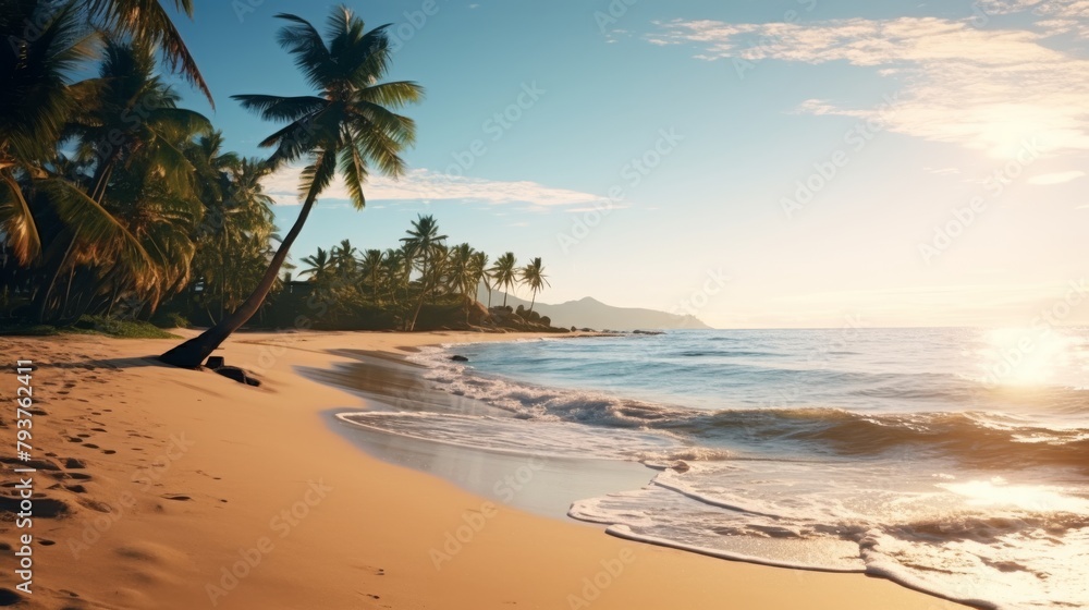 Sandy beach with palm trees swaying under the gentle breeze, overlooking the endless expanse of the ocean