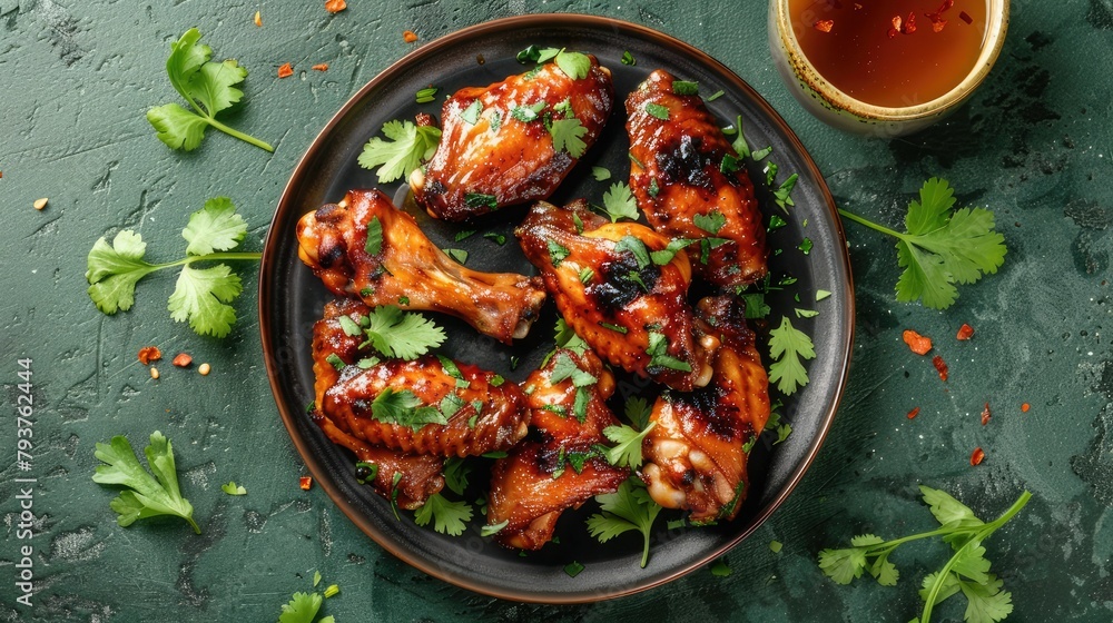 A plate of juicy chicken wings with red sauce and fresh herbs on a dark green background. Top view of a platter of grilled chicken wings on a dark plate surrounded by red sauce and herbs.