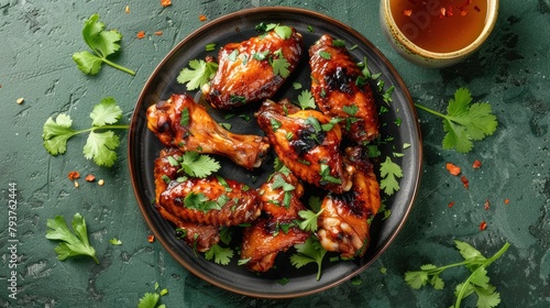 A plate of juicy chicken wings with red sauce and fresh herbs on a dark green background. Top view of a platter of grilled chicken wings on a dark plate surrounded by red sauce and herbs.