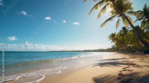 A beautiful sandy beach lined with swaying palm trees, overlooking crystal blue water under a clear sky