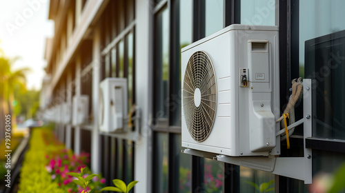 Split-system air conditioners installed outdoors at the back of a modern building..