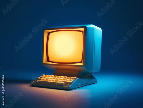 A vintage computer monitor glowing against a deep blue backdrop photo