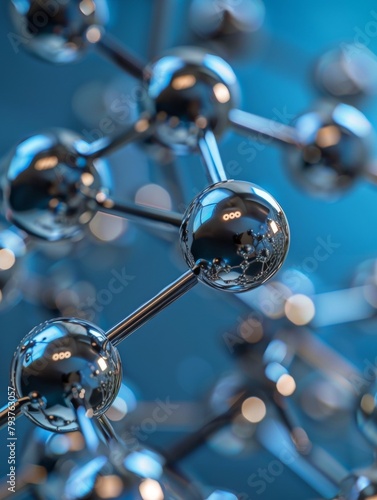 Macro shot of a sophisticated molecular mesh with reflective nodes and connections, set against a gradient blue backdrop.