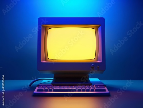 A vintage computer monitor glowing against a deep blue backdrop photo