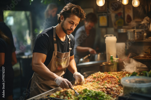 Young man working as a cook at the fast food truck.