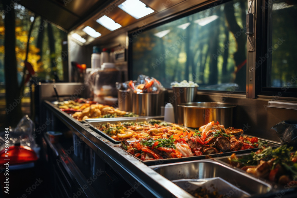 A kitchen inside a food truck with chopped and fried vegetables and meat.