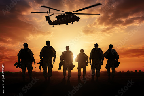  Silhouette of Brave Military Soldiers Walking Towards Helicopter at Sunset, Symbolizing Teamwork and Courage.