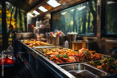 A kitchen inside a food truck with chopped and fried vegetables and meat.