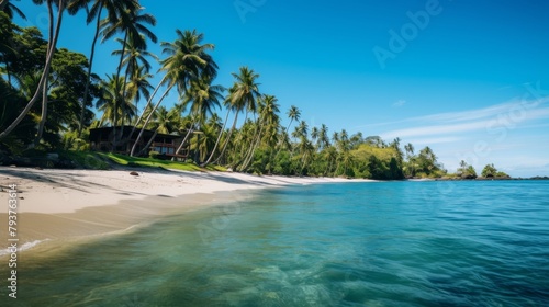 A tranquil beach scene with tall swaying palm trees and crystal clear waters under a clear blue sky