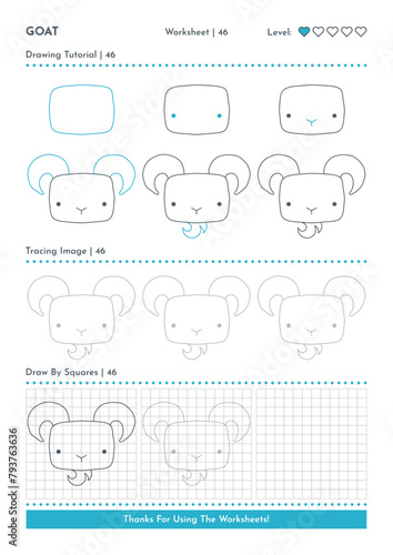 How to Draw Doodle Animal Goat, Cartoon Character Step by Step Drawing Tutorial. Activity Worksheets For Kids