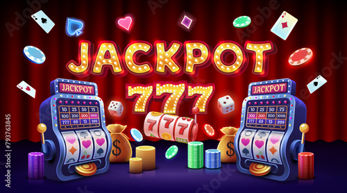 Casino slots machine winner, jackpot fortune, win banner. Vector illustration