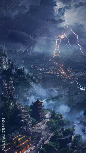 Enchanted temple stands resilient against the powerful mountain rains and dramatic lightning in a magical twilight setting. 3d rendering colored lightning strike.