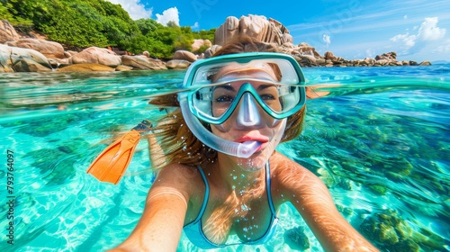 Tranquil image of woman snorkeling in clear waters of secluded tropical paradise island