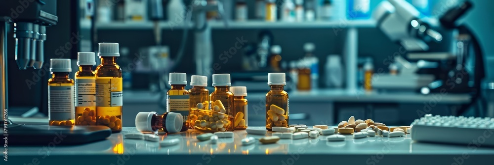 Assorted medication bottles and tablets arranged haphazardly on a desk, against a backdrop of laboratory instruments and scientific tools - obrazy, fototapety, plakaty 