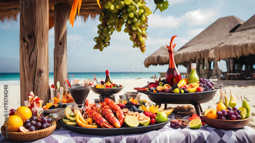 captivating, cocktail, beach picnic with fruit platter, sizzling fajitas, grapes, lobster, caviar, exotic fruits, food canopy, luxurious feast, and an enchanted mood.