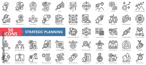 Strategy planning icon collection set. Containing decision making , goals, objectives, analysis, SWOT, vision, mission icon. Simple line vector.
