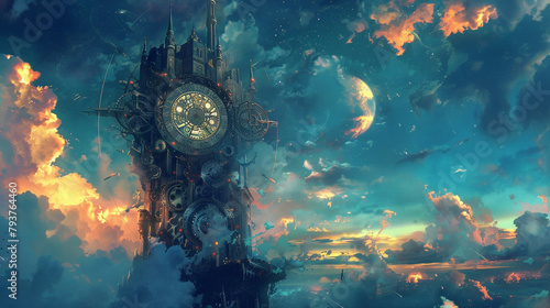 A celestial clocktower soaring into the heavens, its intricate gears and mechanisms illuminated by the shifting hues of a twilight sky, marking the passage of time in a realm of eternal enchantment. photo
