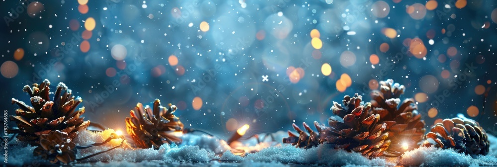 Holiday December. Christmas Decoration with Falling Snow and Glowing Lights - Christmas and Winter Background