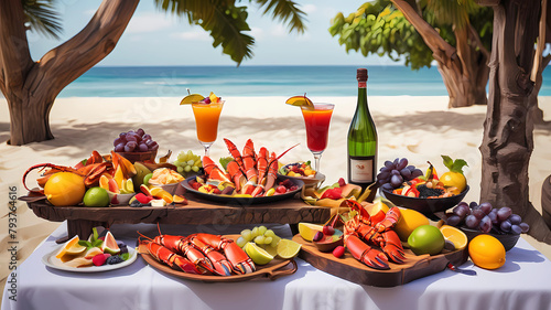 captivating, cocktail, beach picnic with fruit platter, sizzling fajitas, grapes, lobster, caviar, exotic fruits, food canopy, luxurious feast, and an enchanted mood. photo