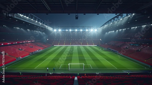 Football stadium with fans in their seats and an empty field on match day. The stadium is illuminated from above, creating an atmosphere of excitement before the start of the game.