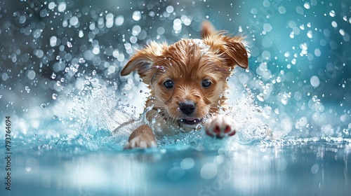 Cheerful labrador retriever pup joyfully splashes in water, enjoying family playtime