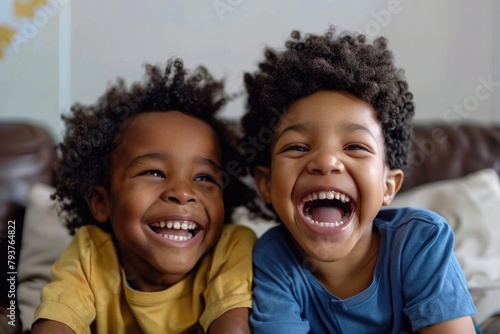 Kids Family. African American Biracial Kids and Parents Enjoying Candid Activities at Home