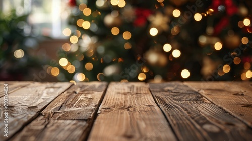 Wood Holiday. Empty Wooden Table Top for Product Display with Blurred Bokeh Background