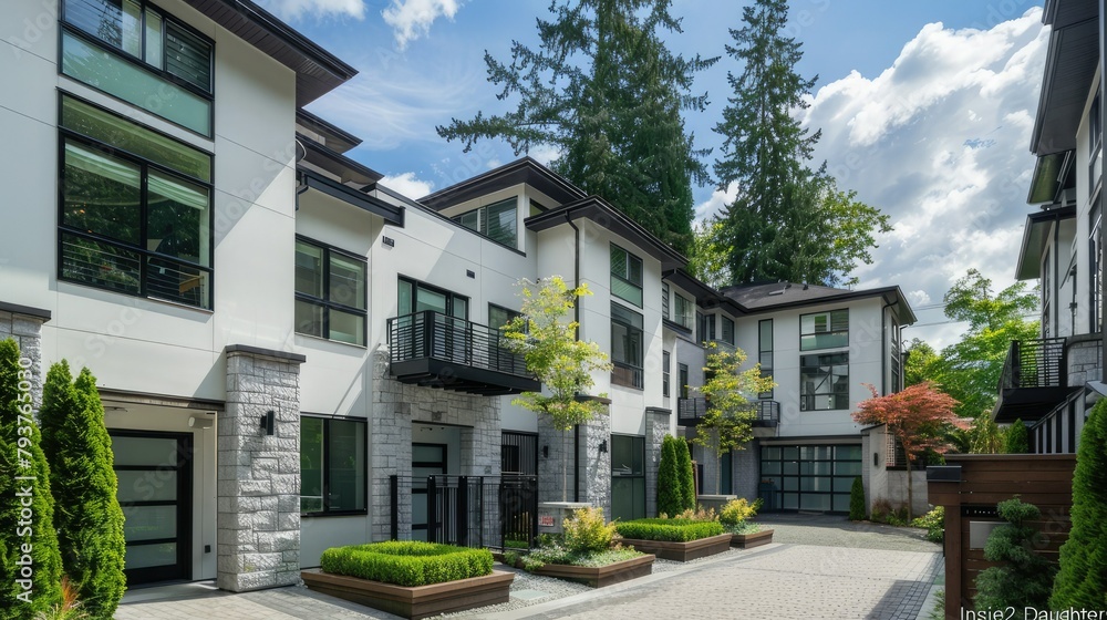 Elegant townhouse with white exterior and black accents, large windows and gate leading to front yard, surrounded by other buildings, bright blue sky overhead on a clear day. Elegant townhouse with white exterior and black accents, large windows and gate leading to front yard, surrounded by other buildings, bright blue sky overhead on a clear day.