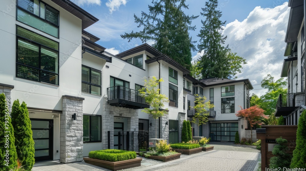 Elegant townhouse with white exterior and black accents, large windows and gate leading to front yard, surrounded by other buildings, bright blue sky overhead on a clear day.