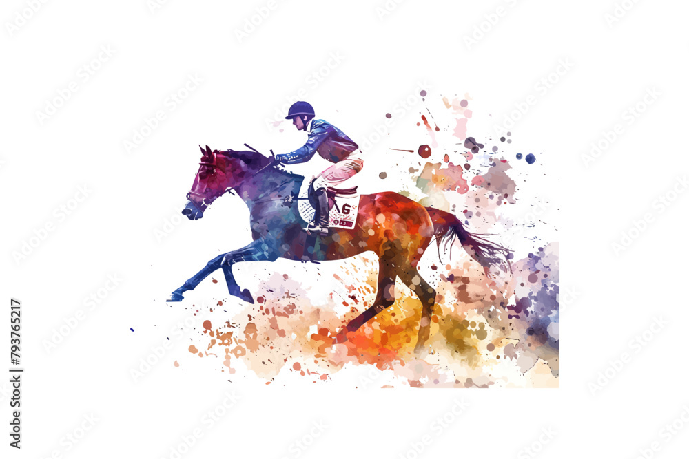 Fototapeta premium Dynamic Watercolor Jockey Riding a Racehorse. Vector illustration design.