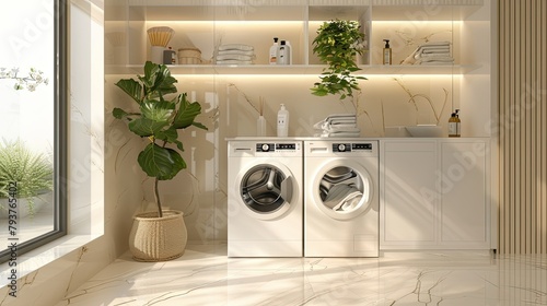 Modern and luxurious laundry room with washing machine, beige color scheme, plants, marble flooring, bright lighting, white walls and shelves for storing cleaning supplies.