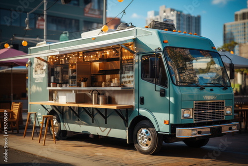 Open retro food truck with delicious dishes