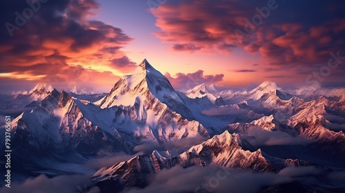 A majestic mountain range with snow - capped peaks and sprawling glaciers #793765651