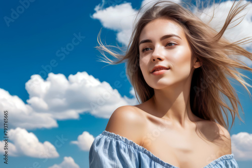 portrait beautiful of a woman healthy skin and hair during summer