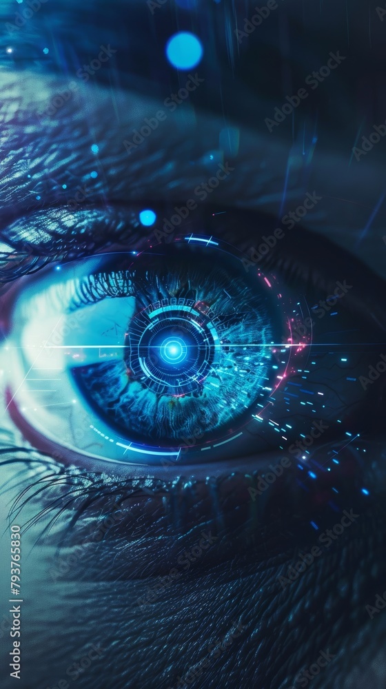 A close-up image of a human eye with a digital interface overlay, depicting futuristic biometric technology. A close-up image of a human eye with a digital interface overlay, depicting futuristic biometric technology.