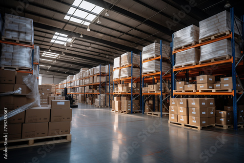 Retail warehouse full of shelves with goods in cartons, with pallets and forklifts. Logistics and transportation blurred background. Product distribution center concept