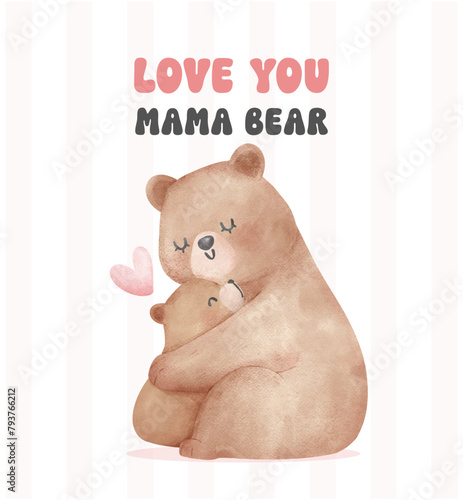 Heartwarming Mothers Day Bear Mom and Baby Cub hugging Adorable watercolor illustration.