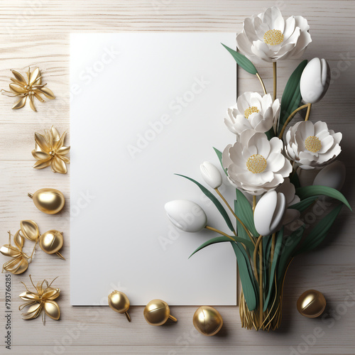 mockup of greeting card with white tulip flowers copy space