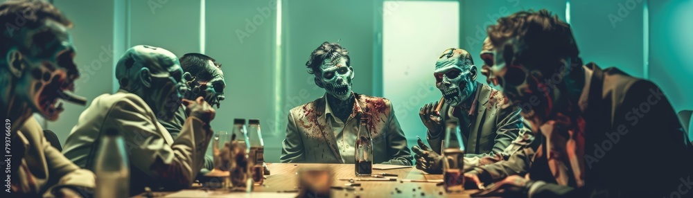 Group of zombies dressed in business attire having a meeting around a conference table, a creative twist on team collaboration Group of zombies dressed in business attire having a meeting around a conference table, a creative twist on team collaboration