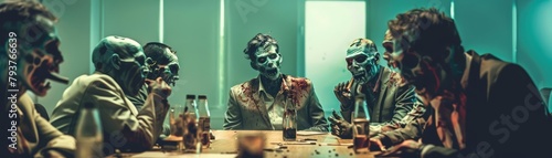 Group of zombies dressed in business attire having a meeting around a conference table, a creative twist on team collaboration photo