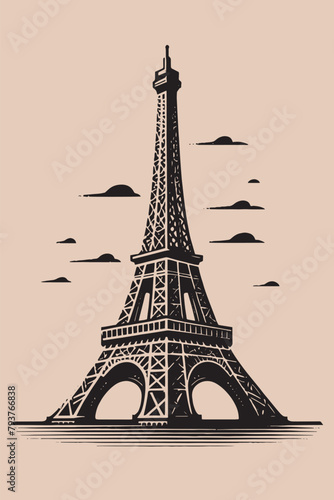 Eiffel Tower. Paris. Beautiful vintage engraving illustration, emblem, icon, logo. Black lines 
