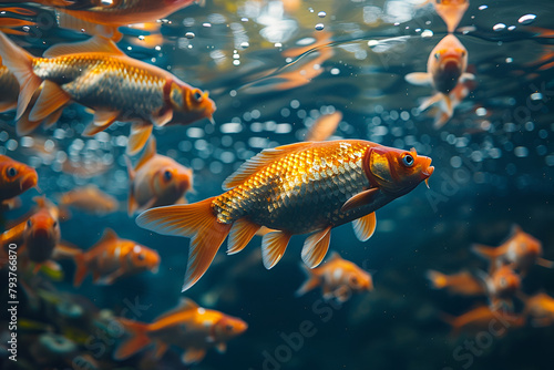A group of fish swimming in a pond, Aquatic beauty crucian carp river fish in its natural habitat  © baloch