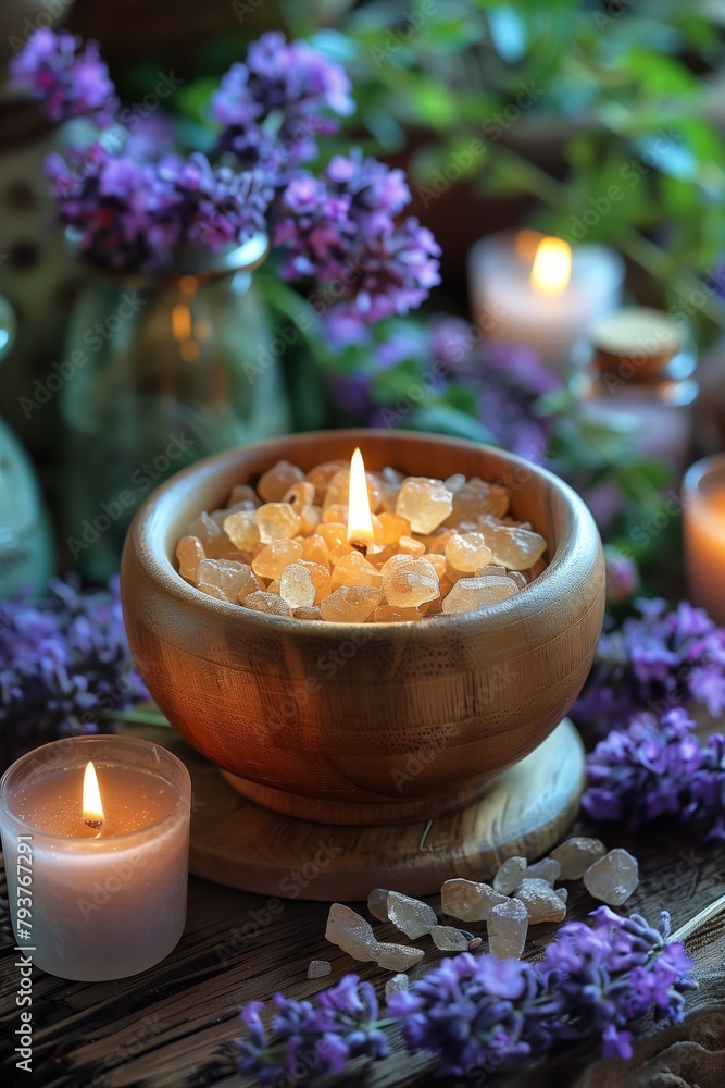 Scented Candle and Lilac Flowers on Wooden Table
Scented Candle and Lilac Flowers on Wooden Table