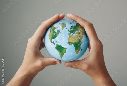 A silhouette of a hand holding a small, detailed globe representing the Earth. The bright, white background contrasts with the dark silhouette of the hand.
