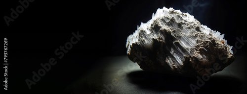 Epsomita is a rare precious natural stone on a black background. AI generated. Header banner mockup with space. photo