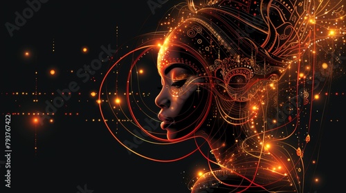 Poster of Digital African woman head, Artificial Intelligence concept. Abstract illustration of a head with glowing and fire shining, machine learning concept. Mental health care, ezoteric concept.