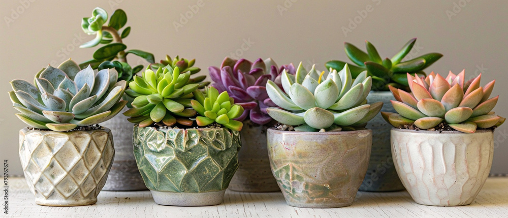 Stylish succulent arrangements in various pots, showcasing a diverse range of shapes and sizes. Stylish succulent arrangements in various pots, showcasing a diverse range of shapes and sizes.